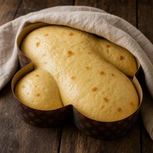 Luftiger Colomba-Teig geht in einer Papierform auf