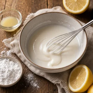 Dicke weisse Mandelglasur in einer Schuessel verquirlt