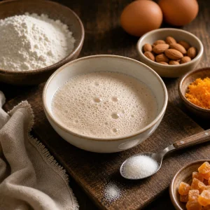 Hefe schaeumt in warmer Milch fuer Colomba-Teig