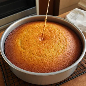 Deep golden cake tested with a skewer