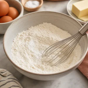 Flour, baking powder, and salt whisked in a bowl