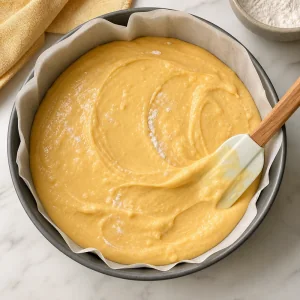 Golden batter smoothed in the prepared cake pan