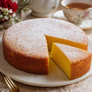 Powdered sugar-dusted Torta de Yema sliced with tea