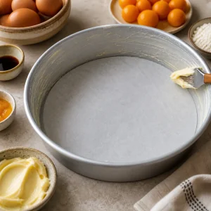 Round cake pan buttered and lined with parchment
