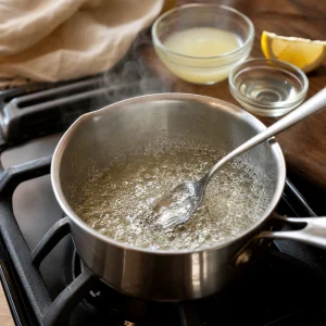 Sugar syrup simmering in a small saucepan