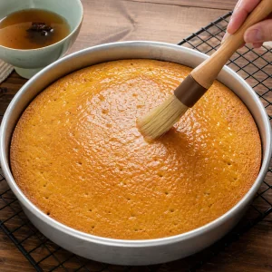 Warm cake poked and brushed with anise syrup