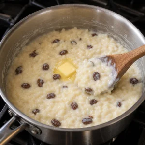 Butter and raisins stirred into creamy rice pudding