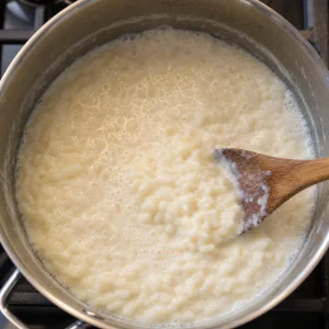 Creamy rice pudding simmering uncovered in a saucepan