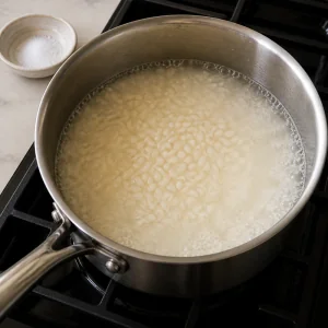 Rice and water beginning to simmer in a saucepan