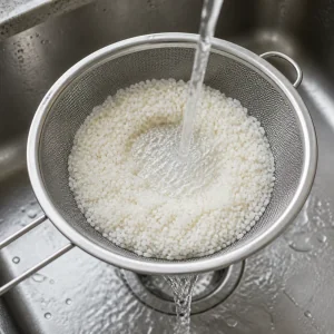 Rice rinsing in a fine-mesh strainer under running water