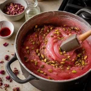 Pink rosewater Turkish delight mixture folded with green pistachios