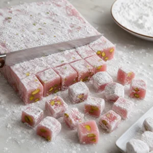 Rose pistachio Turkish delight cut into squares and coated in powdered sugar