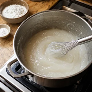 Thick translucent cornstarch mixture whisked in a heavy pot