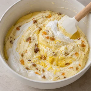 Cremige Paskha-Masse mit Rosinen, Aprikosen und Mandeln
