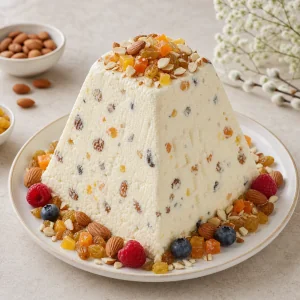 Gestürzte Paskha mit Nüssen, Früchten und Beeren dekoriert