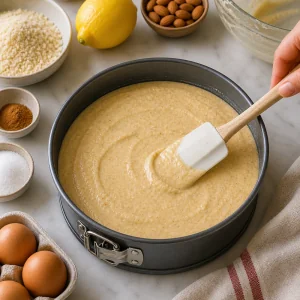Almond cake batter smoothed evenly in a springform pan before baking.