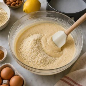 Almond flour being gently folded into the cake mixture with a spatula.
