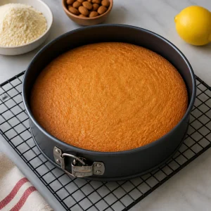 Baked almond cake cooling in its springform pan on a wire rack.