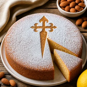 Traditional Spanish Tarta de Santiago almond cake dusted with powdered sugar and a St. James cross design.