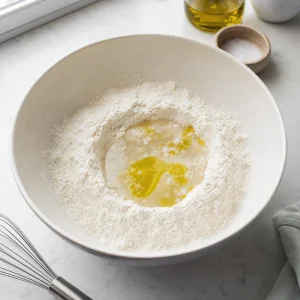 Flour and salt in a bowl with warm water and olive oil added to the center