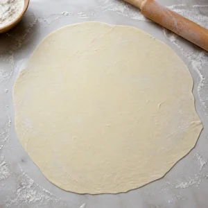 One dough ball rolled very thin on a floured surface