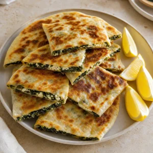 Sliced spinach and feta gozleme served warm with lemon wedges