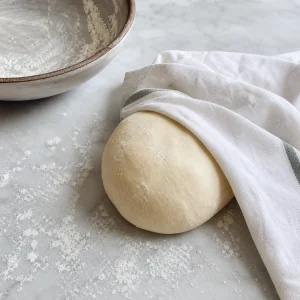 Smooth gozleme dough resting under a damp cloth on a floured counter