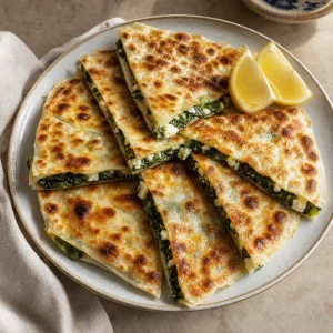 Traditional spinach and feta gozleme sliced and served with lemon wedges