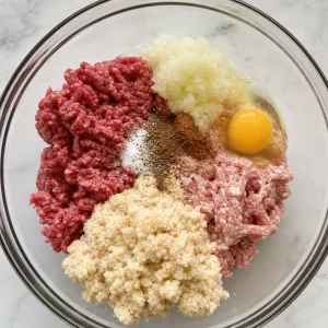 Ground beef pork onion egg spices and soaked breadcrumbs combined in a mixing bowl
