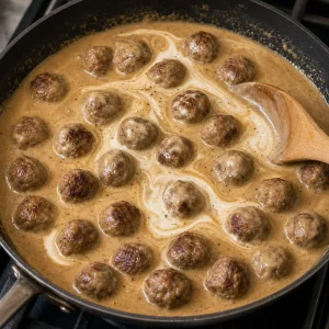Heavy cream stirred into gravy with Swedish meatballs returned to coat
