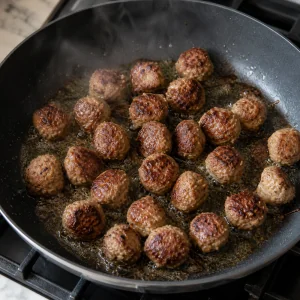 Swedish meatballs browning in butter in a skillet until cooked through