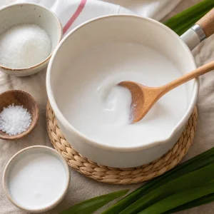 Latte di cocco mescolato con zucchero e sale in un pentolino