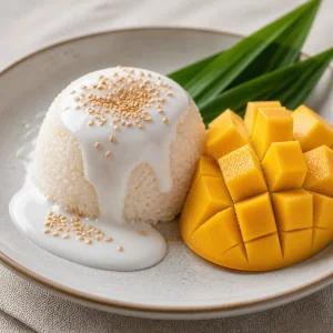 Riso glutinoso al mango con crema di cocco e sesamo