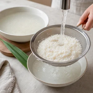 Riso glutinoso sciacquato sotto acqua limpida