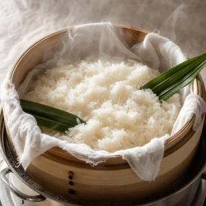 Riso glutinoso al vapore con foglie di pandan