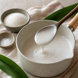 Crema di cocco tiepida sollevata con un cucchiaio