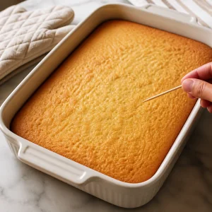 Baked vanilla sponge cake in a rectangular dish with a clean toothpick