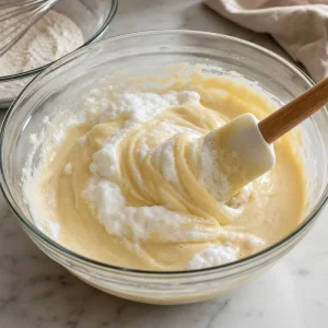 Cake batter being folded with whipped egg whites and flour