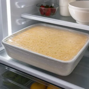 Covered soaked cake chilling in the refrigerator