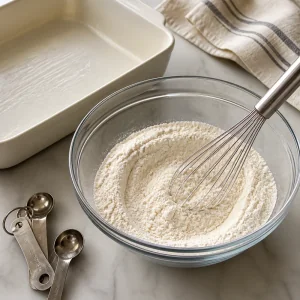 Dry ingredients being whisked in a bowl beside a greased baking dish