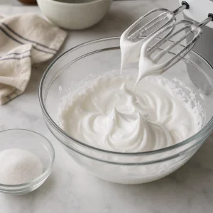Glossy whipped egg whites forming soft peaks on a whisk