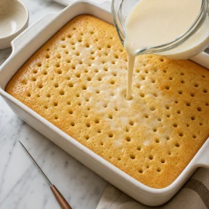Milk mixture being poured over a poked warm sponge cake