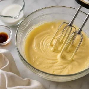 Pale egg yolk mixture being mixed with milk and vanilla