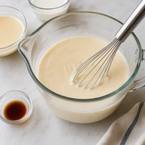 Three-milk soak being whisked with vanilla in a clear bowl