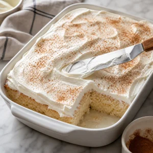 Whipped cream spread over chilled cake with a light cinnamon dusting