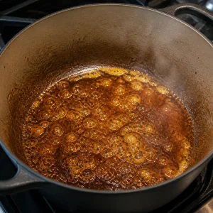 Brown sugar caramel bubbling in a Dutch oven