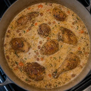 Coconut milk and stock simmering with chicken and rice
