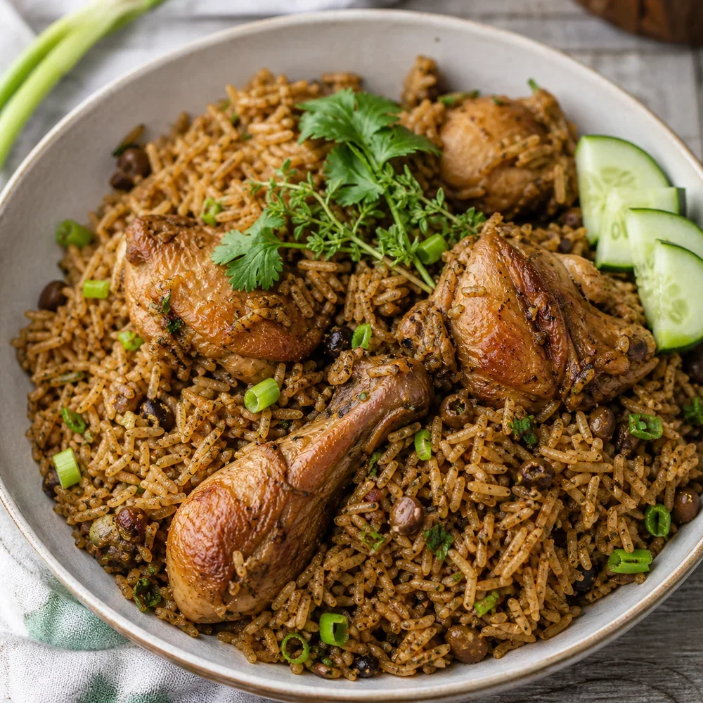 Finished Trinidad chicken pelau with pigeon peas and browned chicken