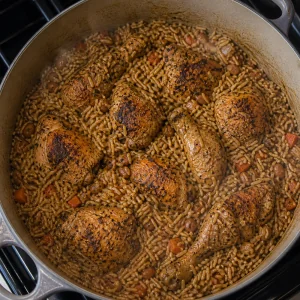 Nearly cooked pelau rice and chicken in the pot