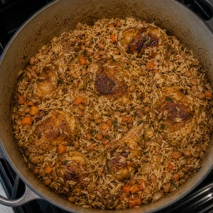 Rice and pigeon peas mixed with browned chicken